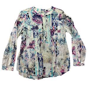 Chicos Blouse Womens 1 Medium Multi-Color Long Sleeve Paisley Aztec Button Front